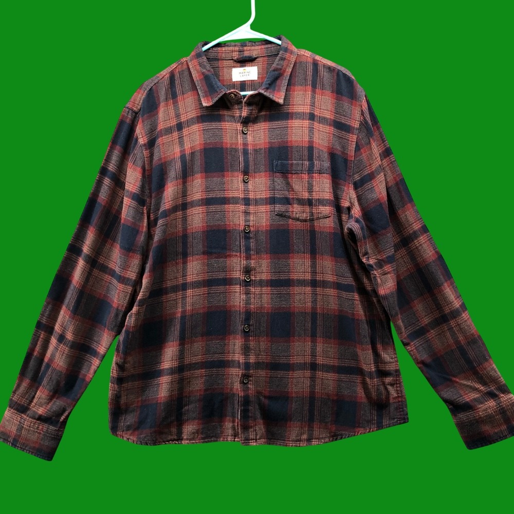 Marine Layer Tahoe Ultra Soft Brushed Cotton Flannel Shirt Rust Navy Plaid Men L